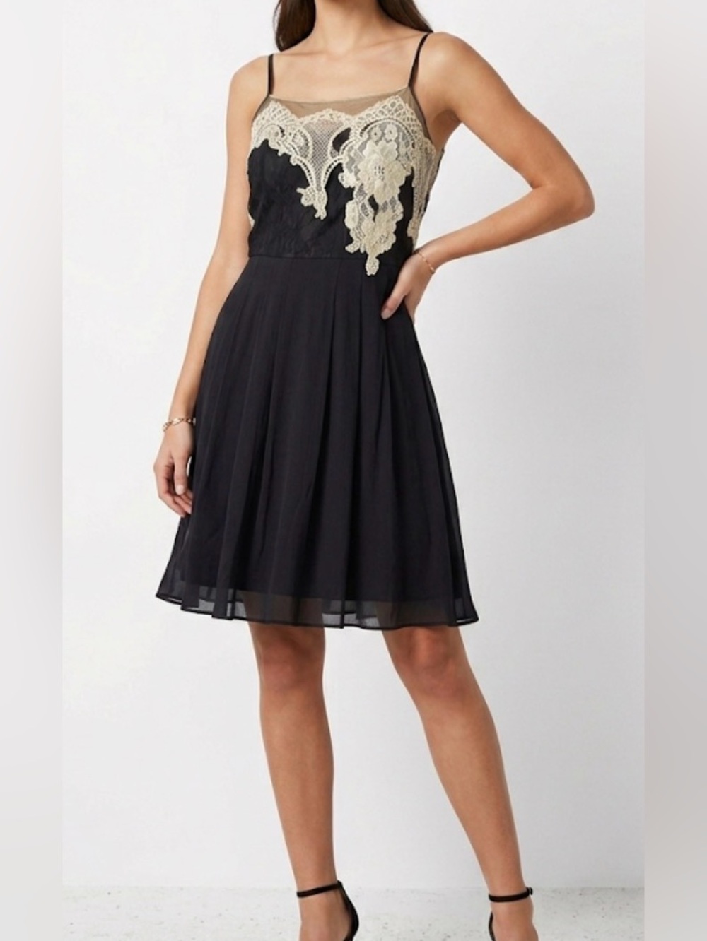 Peruvian Connection Black Silk Dress with Beige Lace Overlay Women Size 2